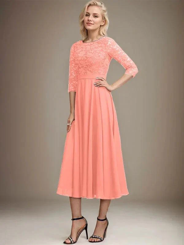 A-line Scoop Tea-Length Lace Chiffon Mother of the Bride Dress With Sequins - Image 16