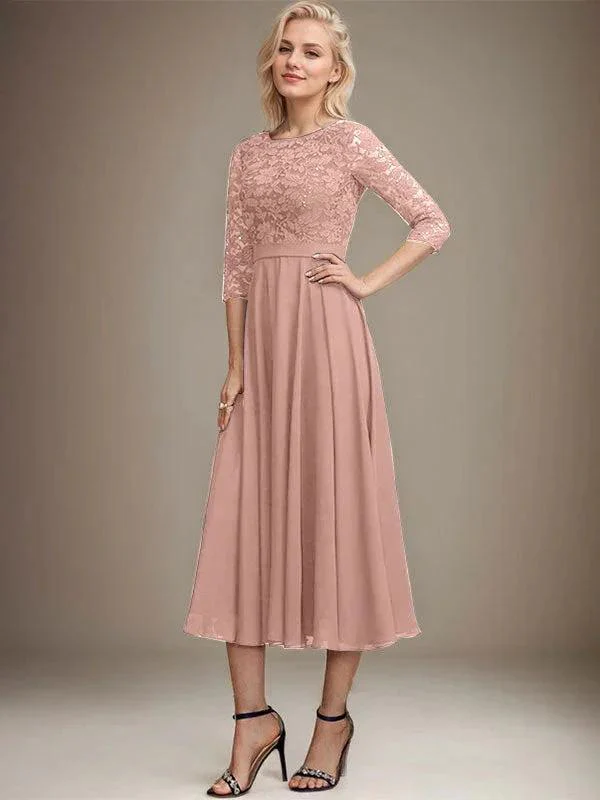 A-line Scoop Tea-Length Lace Chiffon Mother of the Bride Dress With Sequins - Image 17