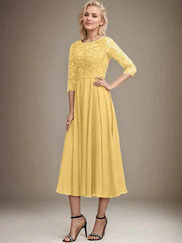 A-line Scoop Tea-Length Lace Chiffon Mother of the Bride Dress With Sequins - Image 18