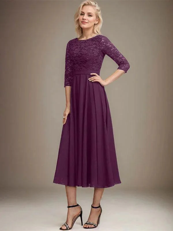 A-line Scoop Tea-Length Lace Chiffon Mother of the Bride Dress With Sequins - Image 19
