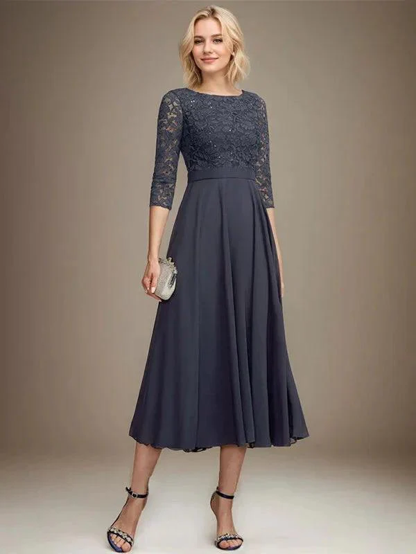 A-line Scoop Tea-Length Lace Chiffon Mother of the Bride Dress With Sequins - Image 2