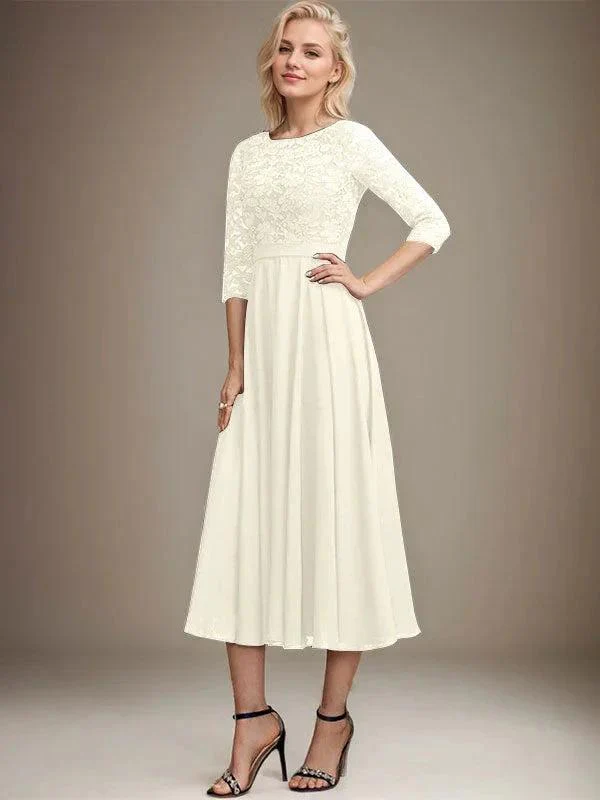 A-line Scoop Tea-Length Lace Chiffon Mother of the Bride Dress With Sequins - Image 20