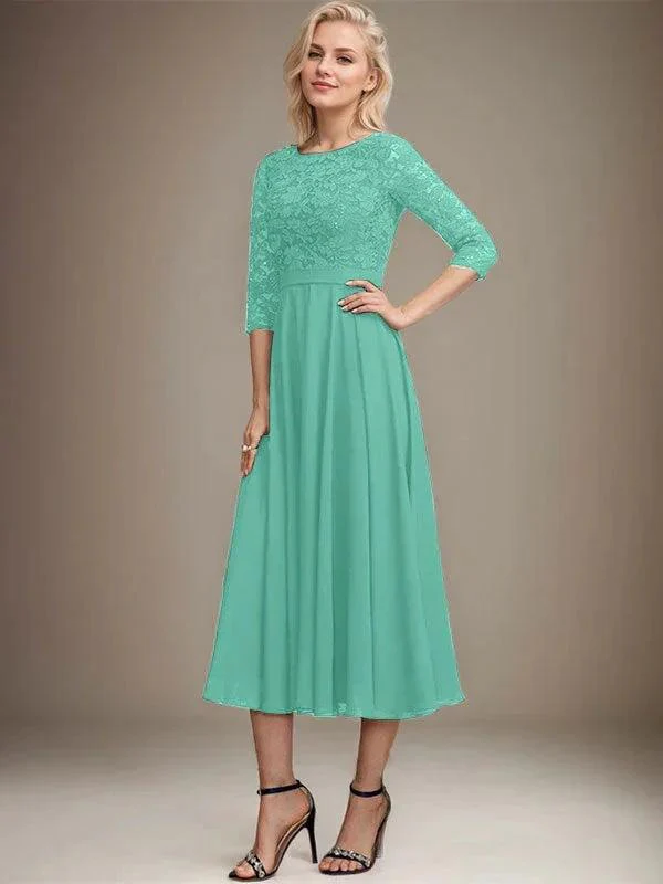 A-line Scoop Tea-Length Lace Chiffon Mother of the Bride Dress With Sequins - Image 21