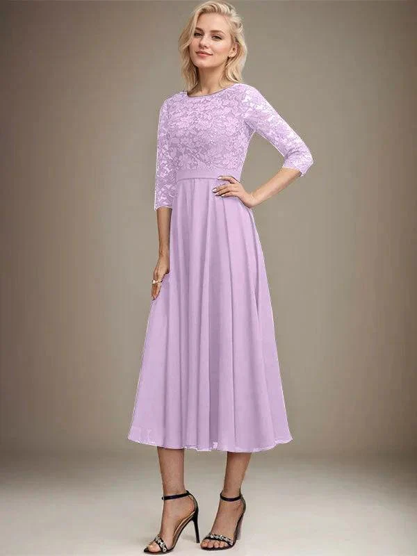 A-line Scoop Tea-Length Lace Chiffon Mother of the Bride Dress With Sequins - Image 22