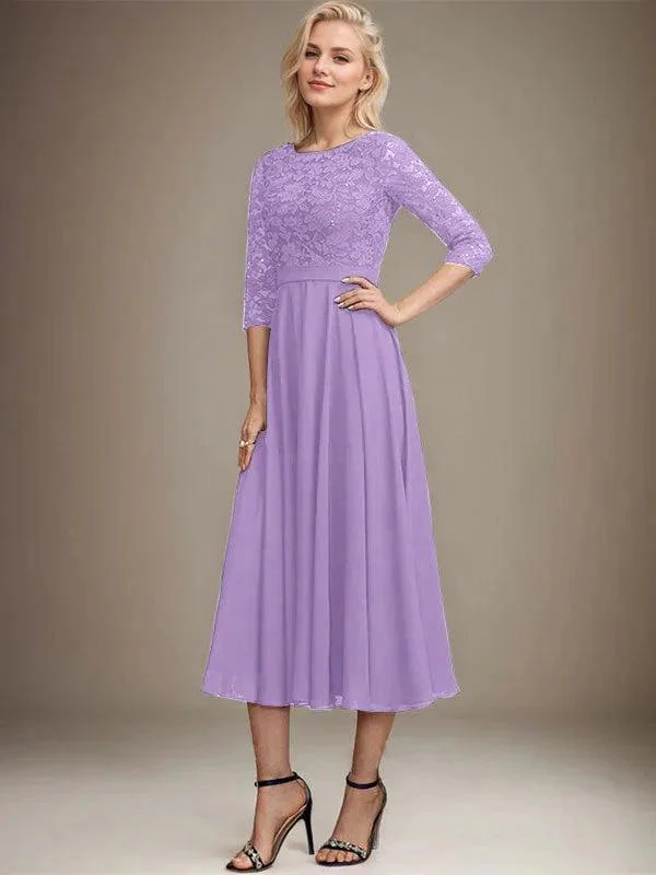 A-line Scoop Tea-Length Lace Chiffon Mother of the Bride Dress With Sequins - Image 23