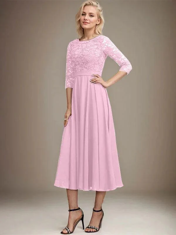 A-line Scoop Tea-Length Lace Chiffon Mother of the Bride Dress With Sequins - Image 24