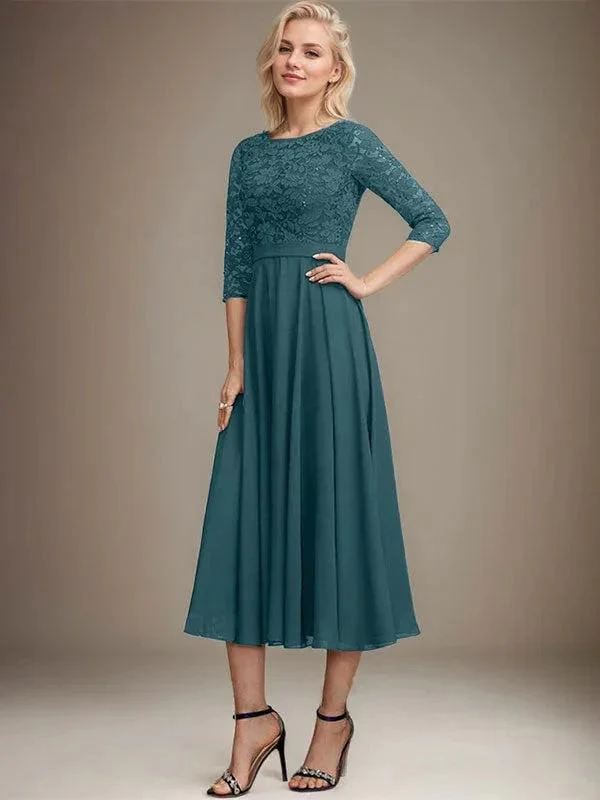 A-line Scoop Tea-Length Lace Chiffon Mother of the Bride Dress With Sequins - Image 25