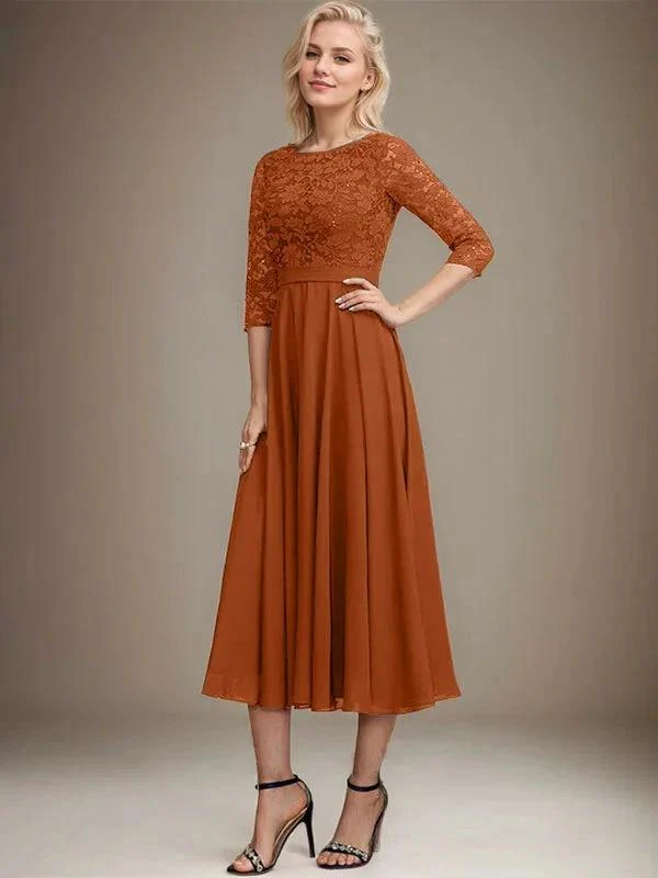 A-line Scoop Tea-Length Lace Chiffon Mother of the Bride Dress With Sequins - Image 26