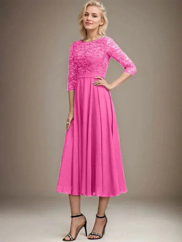 A-line Scoop Tea-Length Lace Chiffon Mother of the Bride Dress With Sequins - Image 27