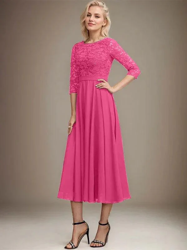 A-line Scoop Tea-Length Lace Chiffon Mother of the Bride Dress With Sequins - Image 28