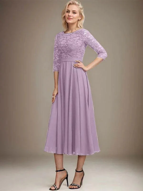 A-line Scoop Tea-Length Lace Chiffon Mother of the Bride Dress With Sequins - Image 29