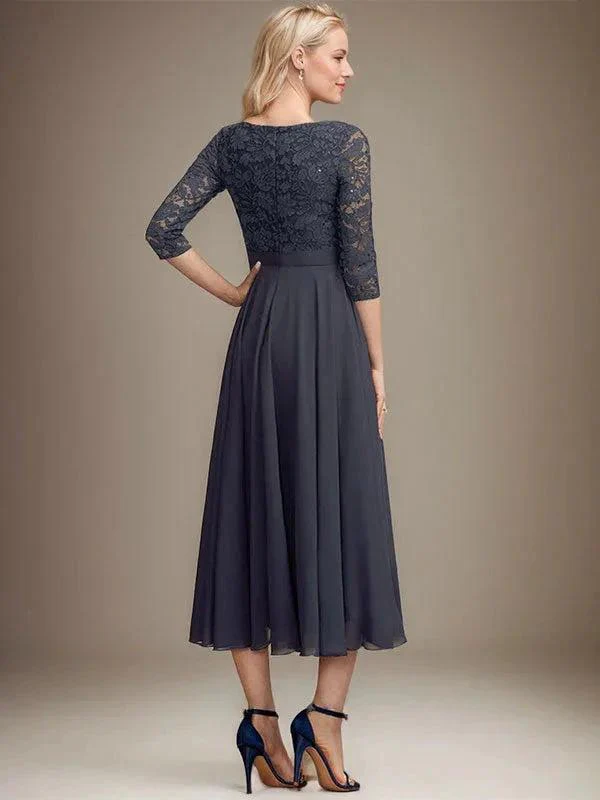 A-line Scoop Tea-Length Lace Chiffon Mother of the Bride Dress With Sequins - Image 3