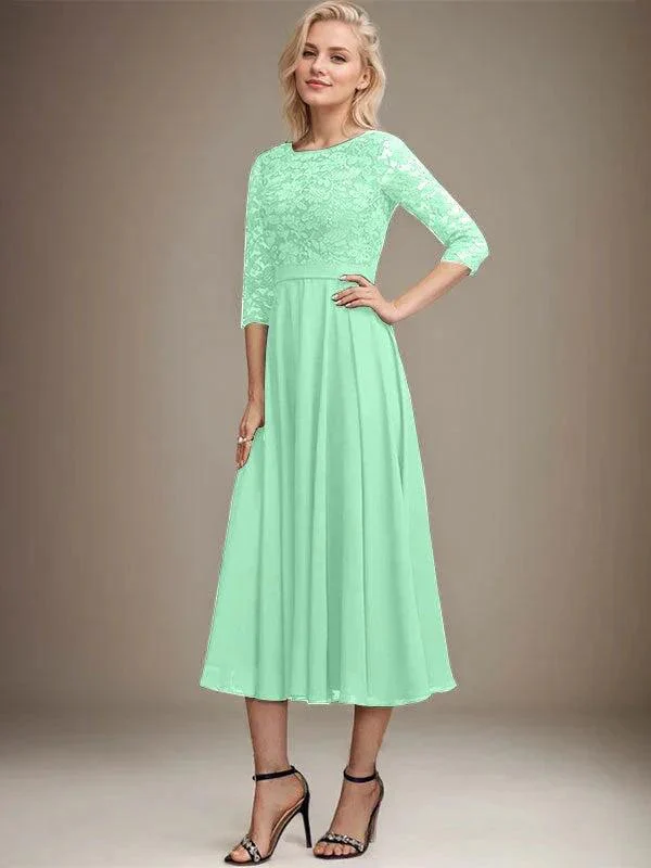 A-line Scoop Tea-Length Lace Chiffon Mother of the Bride Dress With Sequins - Image 30