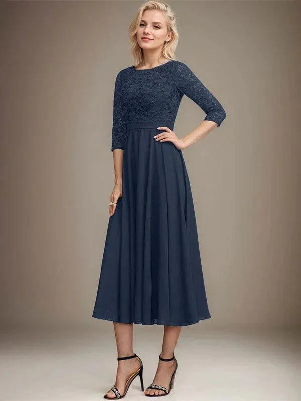 A-line Scoop Tea-Length Lace Chiffon Mother of the Bride Dress With Sequins - Image 31