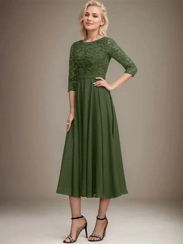 A-line Scoop Tea-Length Lace Chiffon Mother of the Bride Dress With Sequins - Image 32