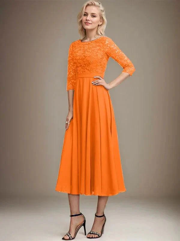 A-line Scoop Tea-Length Lace Chiffon Mother of the Bride Dress With Sequins - Image 33