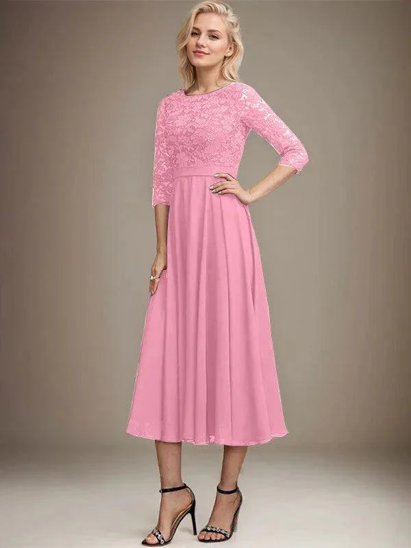 A-line Scoop Tea-Length Lace Chiffon Mother of the Bride Dress With Sequins - Image 34