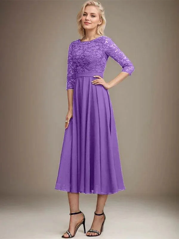 A-line Scoop Tea-Length Lace Chiffon Mother of the Bride Dress With Sequins - Image 35