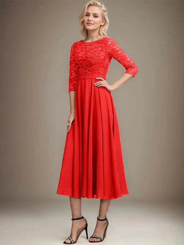 A-line Scoop Tea-Length Lace Chiffon Mother of the Bride Dress With Sequins - Image 36