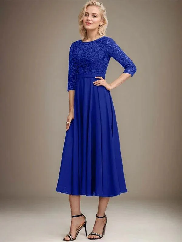 A-line Scoop Tea-Length Lace Chiffon Mother of the Bride Dress With Sequins - Image 37