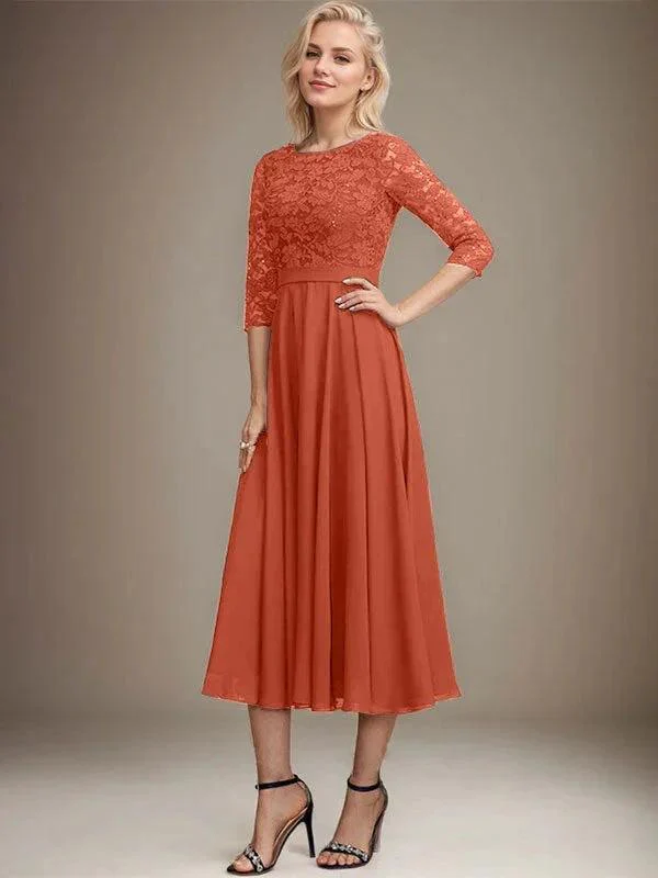 A-line Scoop Tea-Length Lace Chiffon Mother of the Bride Dress With Sequins - Image 38
