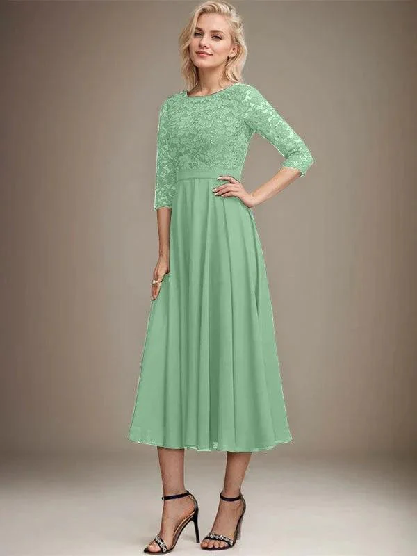 A-line Scoop Tea-Length Lace Chiffon Mother of the Bride Dress With Sequins - Image 39
