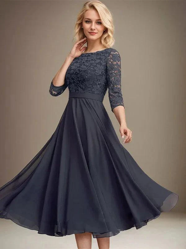 A-line Scoop Tea-Length Lace Chiffon Mother of the Bride Dress With Sequins - Image 4
