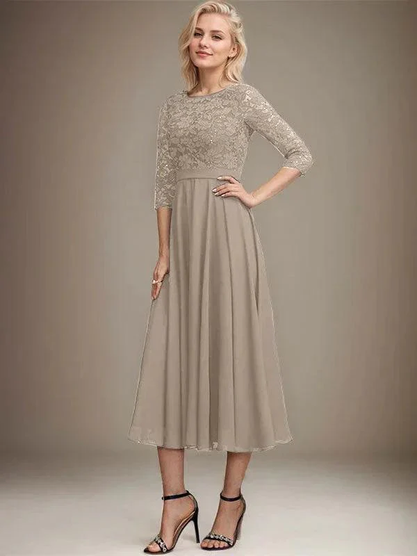 A-line Scoop Tea-Length Lace Chiffon Mother of the Bride Dress With Sequins - Image 40