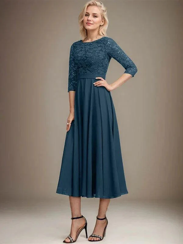 A-line Scoop Tea-Length Lace Chiffon Mother of the Bride Dress With Sequins - Image 41