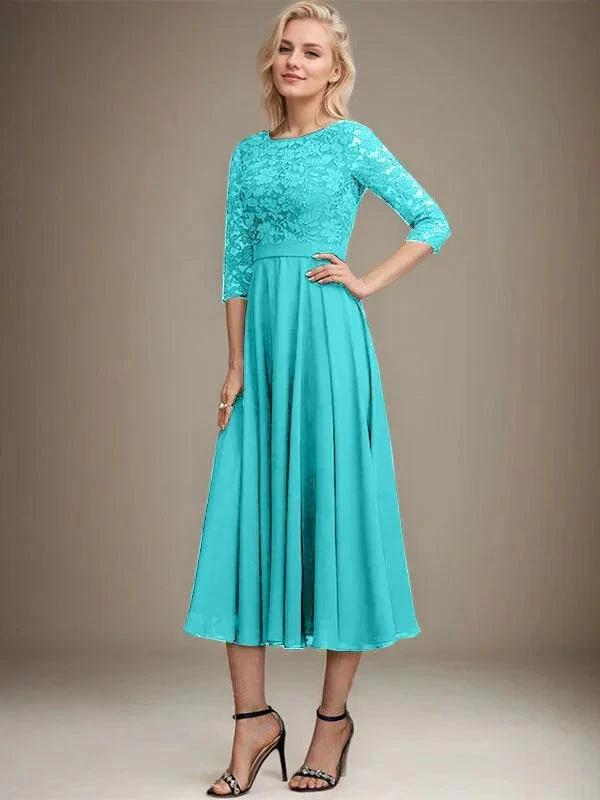 A-line Scoop Tea-Length Lace Chiffon Mother of the Bride Dress With Sequins - Image 42