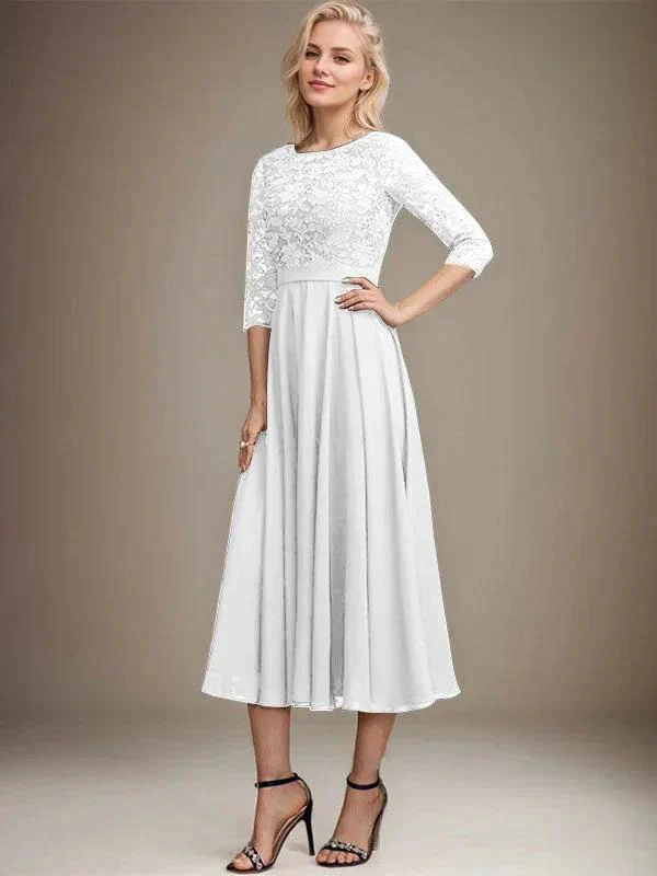 A-line Scoop Tea-Length Lace Chiffon Mother of the Bride Dress With Sequins - Image 43