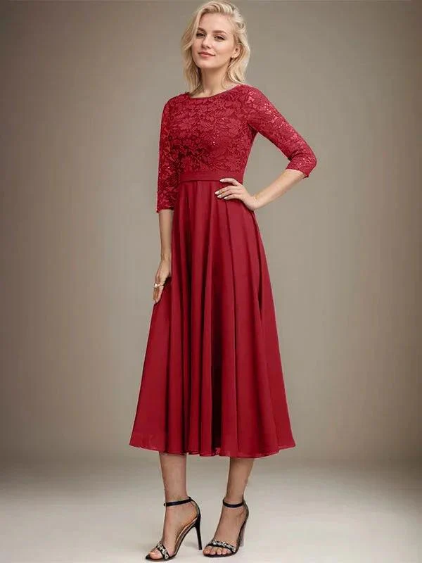 A-line Scoop Tea-Length Lace Chiffon Mother of the Bride Dress With Sequins - Image 44