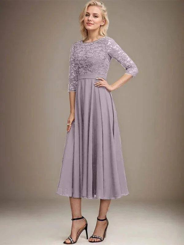 A-line Scoop Tea-Length Lace Chiffon Mother of the Bride Dress With Sequins - Image 45