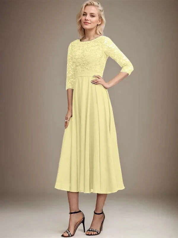 A-line Scoop Tea-Length Lace Chiffon Mother of the Bride Dress With Sequins - Image 46