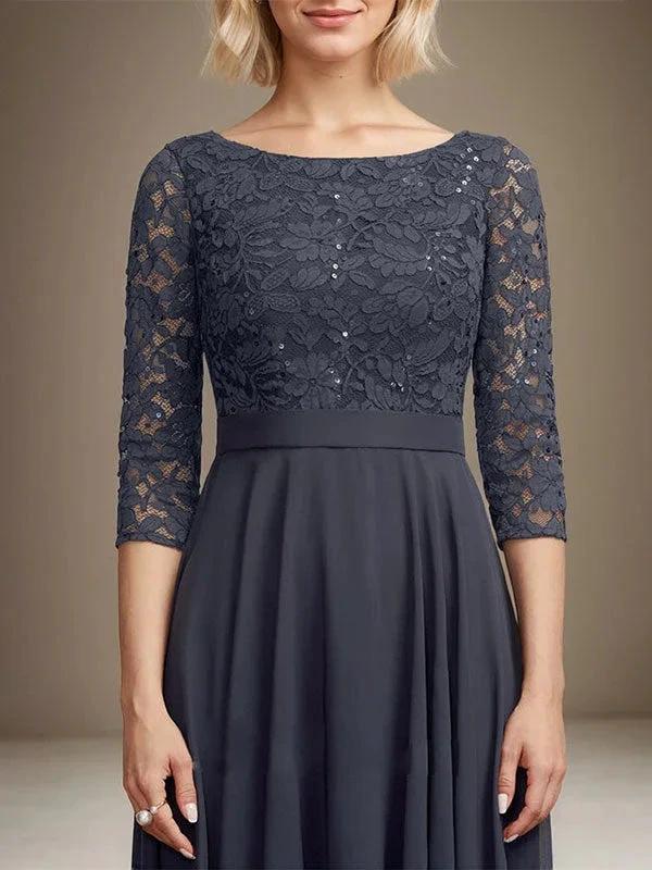 A-line Scoop Tea-Length Lace Chiffon Mother of the Bride Dress With Sequins - Image 5