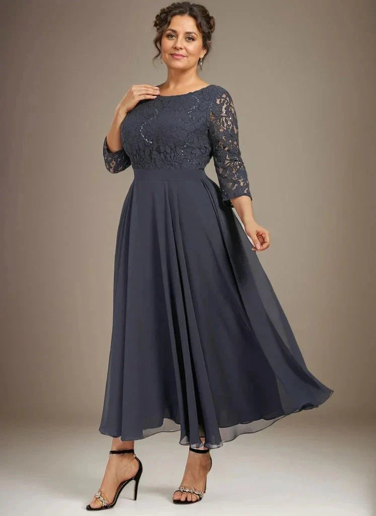 A-line Scoop Tea-Length Lace Chiffon Mother of the Bride Dress With Sequins - Image 6