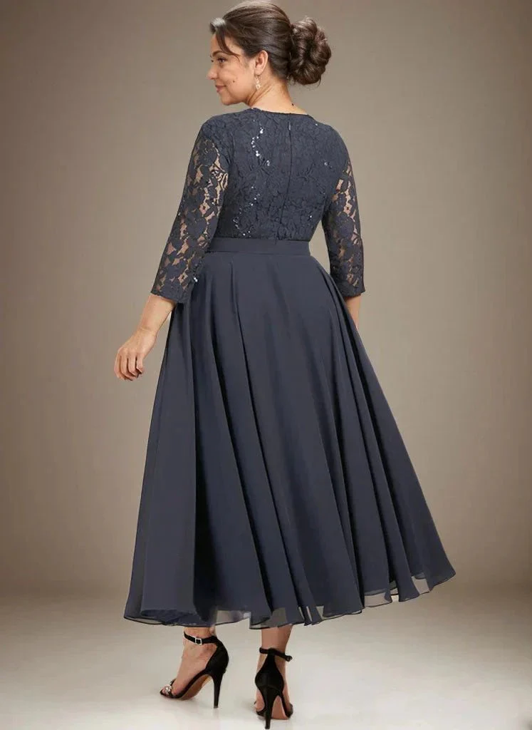 A-line Scoop Tea-Length Lace Chiffon Mother of the Bride Dress With Sequins - Image 7