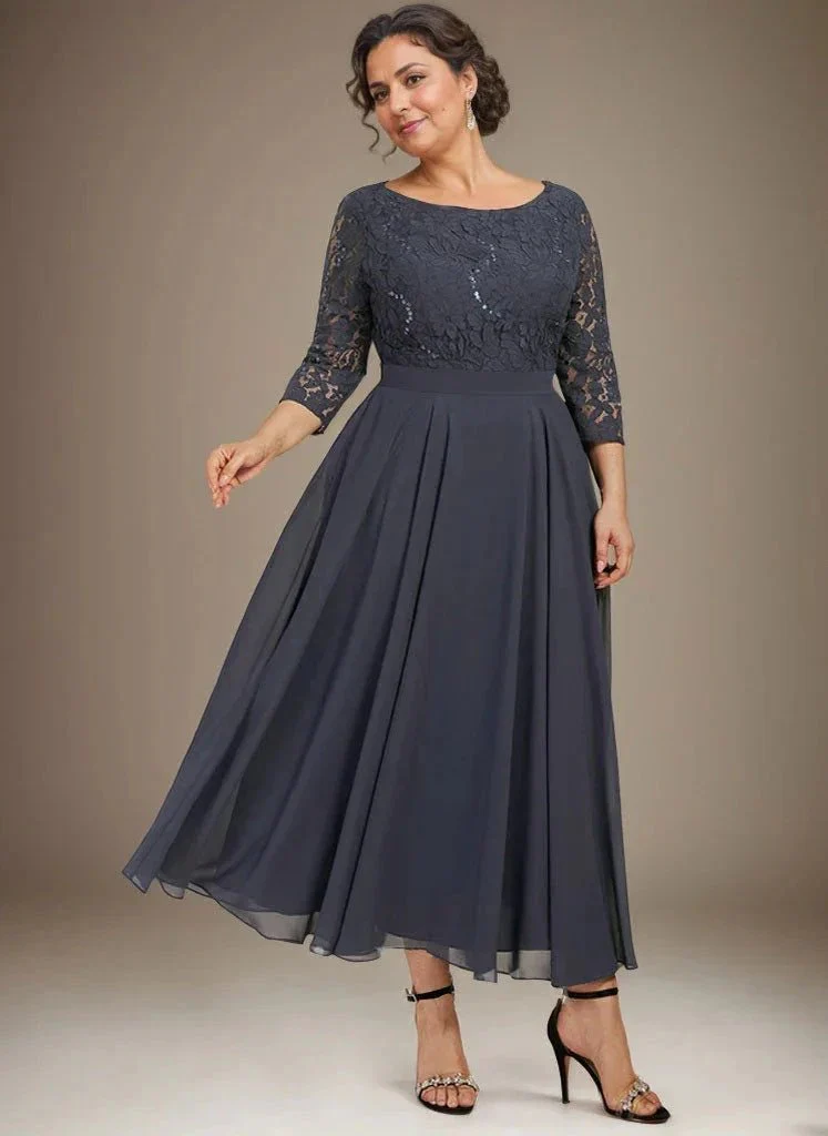 A-line Scoop Tea-Length Lace Chiffon Mother of the Bride Dress With Sequins - Image 8