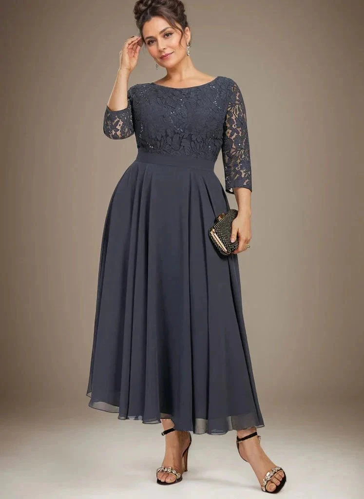A-line Scoop Tea-Length Lace Chiffon Mother of the Bride Dress With Sequins - Image 9