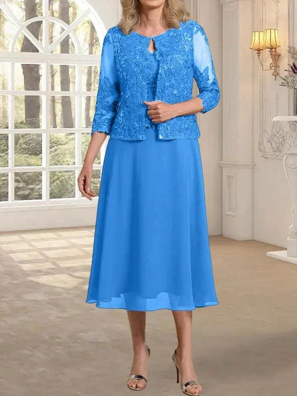 A-line Scoop Tea-Length Lace Chiffon Mother of the Bride Dress With Sequins - Image 10