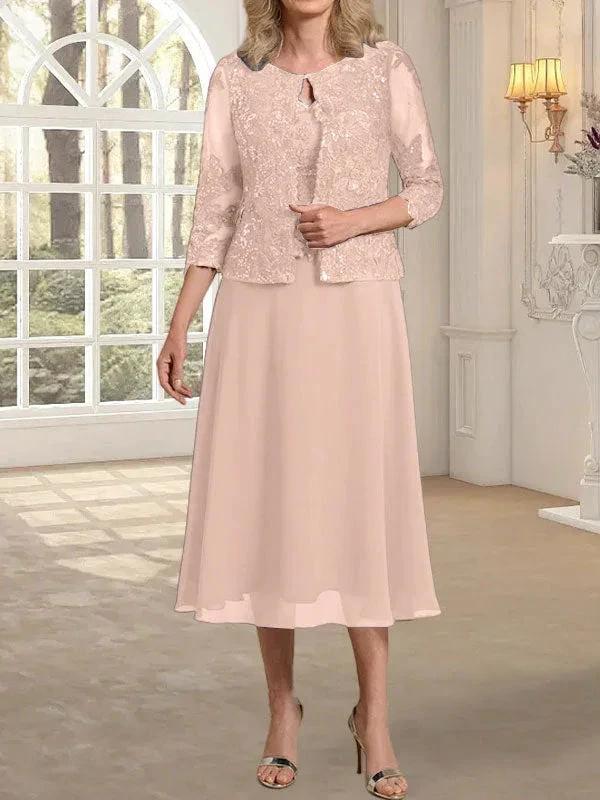 A-line Scoop Tea-Length Lace Chiffon Mother of the Bride Dress With Sequins - Image 11