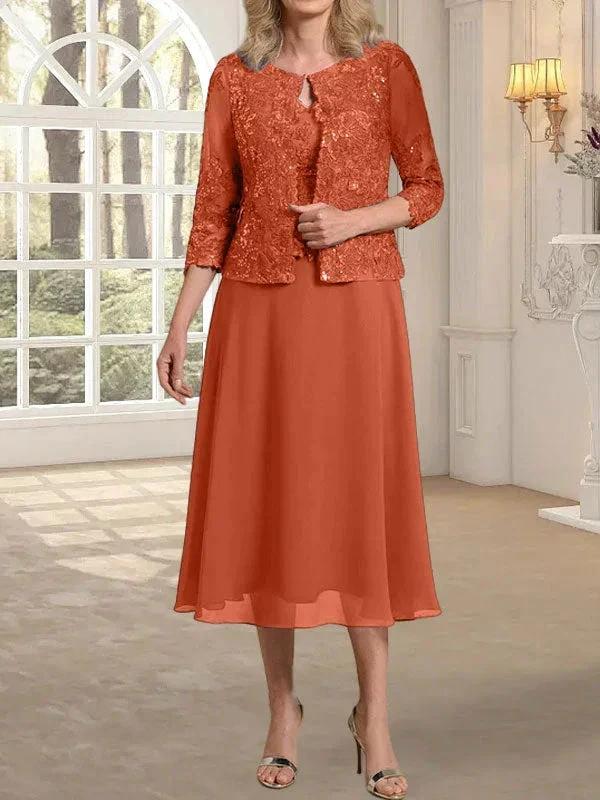 A-line Scoop Tea-Length Lace Chiffon Mother of the Bride Dress With Sequins - Image 12