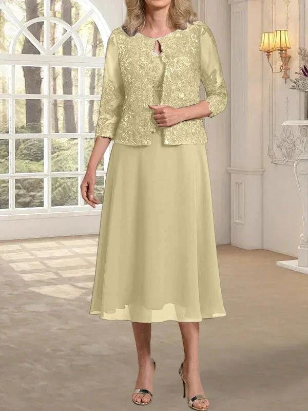 A-line Scoop Tea-Length Lace Chiffon Mother of the Bride Dress With Sequins - Image 13