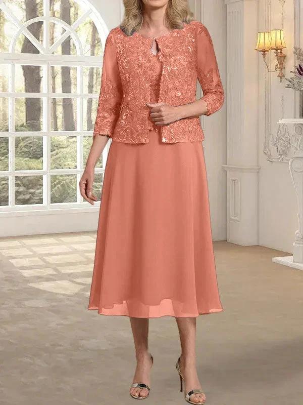 A-line Scoop Tea-Length Lace Chiffon Mother of the Bride Dress With Sequins - Image 14