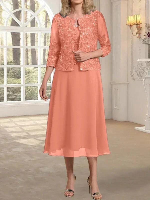 A-line Scoop Tea-Length Lace Chiffon Mother of the Bride Dress With Sequins - Image 15