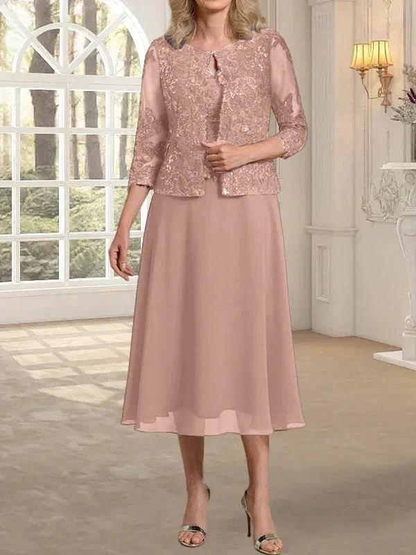 A-line Scoop Tea-Length Lace Chiffon Mother of the Bride Dress With Sequins - Image 16