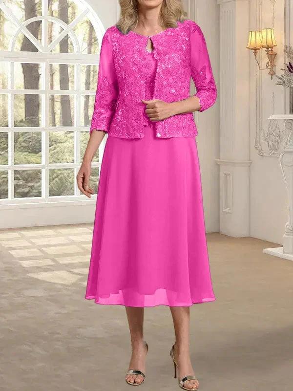 A-line Scoop Tea-Length Lace Chiffon Mother of the Bride Dress With Sequins - Image 17