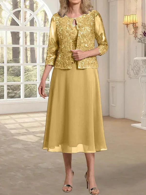 A-line Scoop Tea-Length Lace Chiffon Mother of the Bride Dress With Sequins - Image 18