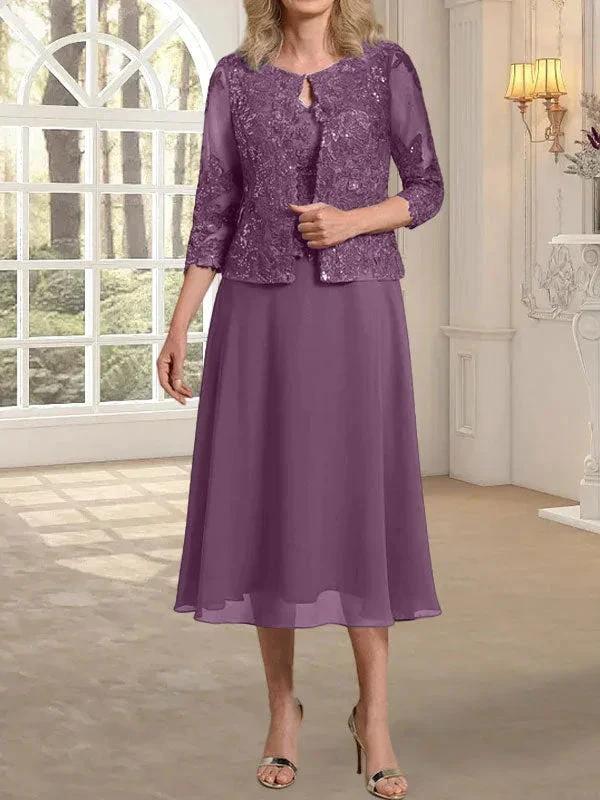 A-line Scoop Tea-Length Lace Chiffon Mother of the Bride Dress With Sequins - Image 19