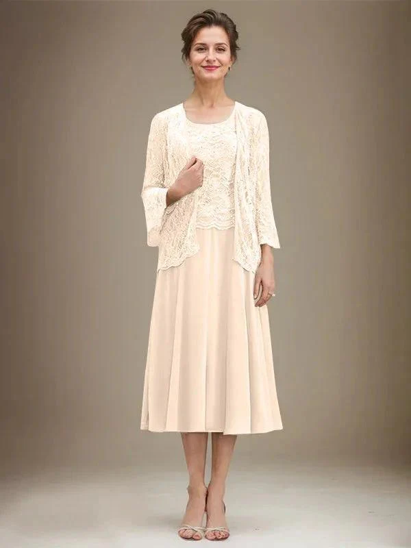 A-line Scoop Tea-Length Lace Chiffon Mother of the Bride Dress With Sequins - Image 10